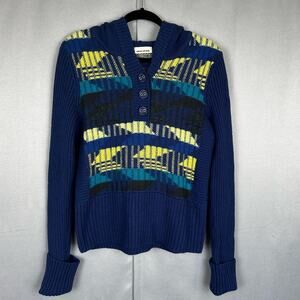 Women's Y2K DKNY Jeans Blue Yellow Aztec Hooded Cable Knit Pullover Sweater Sz L